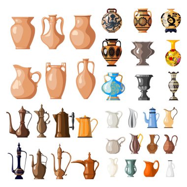 Sıvı kapları büyük kümesi. Amphoras, sürahiler, vazo. Kahve makinesi. Toprak kap öğeleri beyaz bir arka plan üzerinde vektör çizim