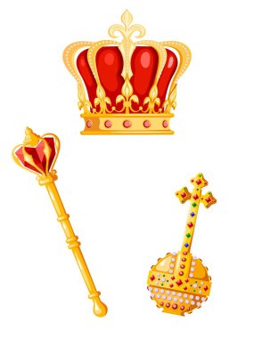 Crown, scepter and orb on a white background. Cartoon style. Vector illustration of royal attributes of power.  Symbol of the monarchy. clipart
