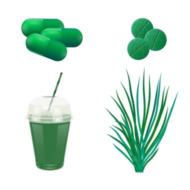 Yeşil yosun, ilaç ve İçecek beyaz zemin üzerinde. Tıbbi Gıda katkı maddesi spirulina. Karikatür tarzı. İlaç. Vektör çizim