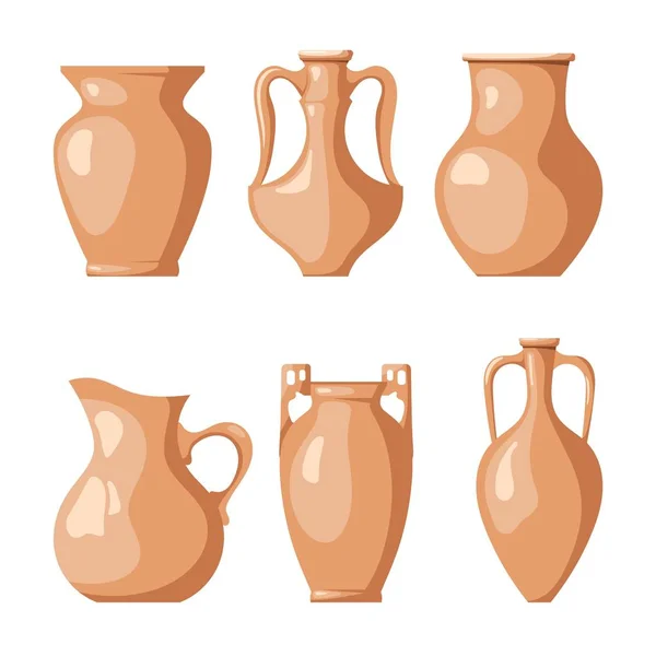 Set Clay Jugs White Background Collection Pitchers Liquid Grain Vector — Stock Vector
