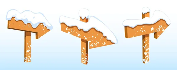 Drei Hölzerne Zeiger Pfeile Mit Schnee Wintersymbole Auf Blauem Hintergrund — Stockvektor