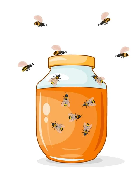 蜂と蜂蜜のガラス瓶 ベクトル図 — ストックベクタ