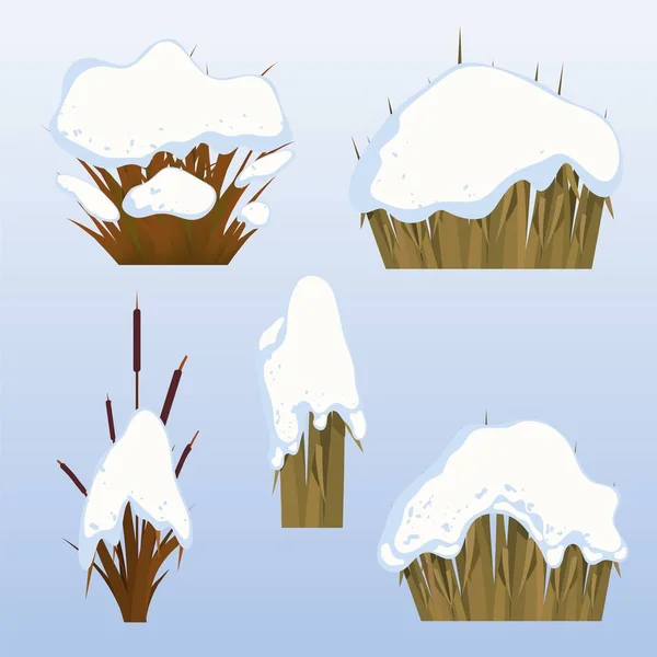 青空の漫画のスタイルで積雪下で枯れた草のセットです 冬の自然 冬の芝生 庭の草の要素のコレクション 季節の自然の変化 ベクトル図 — ストックベクタ