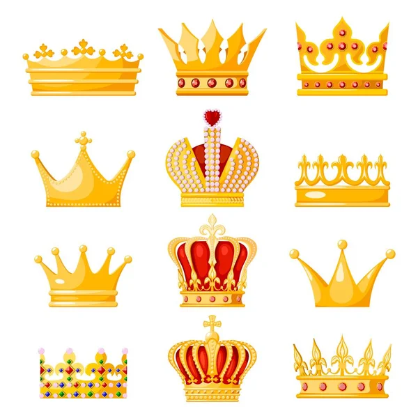 Set Monarchi Corona Oro Sfondo Bianco Regalia Isolate Del Regina — Vettoriale Stock
