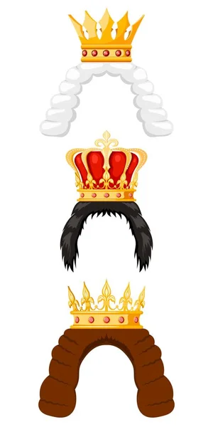 Peruker Och Kunglig Krona Med Tecknad Stil Vit Bakgrund Håret — Stock vektor