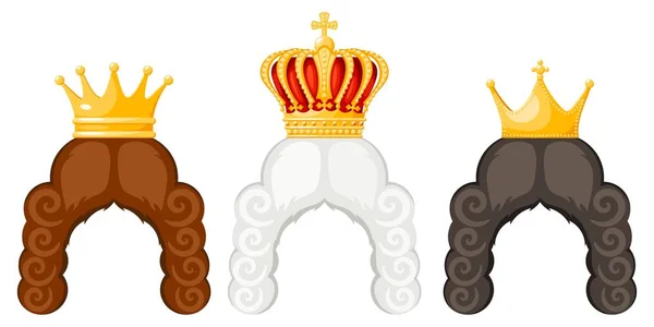 Perruques Couronne Royale Avec Style Dessin Animé Sur Fond Blanc — Image vectorielle