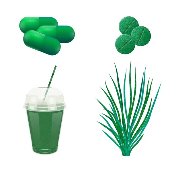 海藻绿 药丸和饮料在白色背景 药用食品添加剂螺旋藻 卡通风格 向量例证 — 图库矢量图片