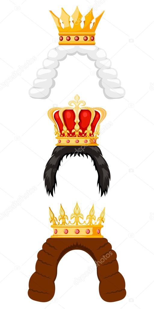 Wigs and royal crown with cartoon style on a white background. The hair of a princess, king, prince or grandee with a golden crown, the symbol of the monarch of power. Vector illustration
