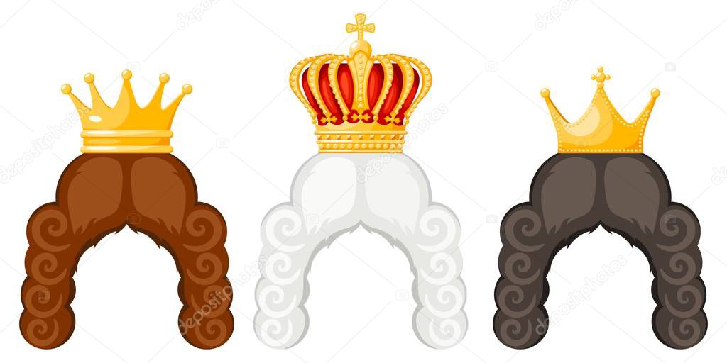 Wigs and royal crown with cartoon style on a white background. The hair of a princess, king, prince or grandee with a golden crown, the symbol of the monarch of power. Vector illustration