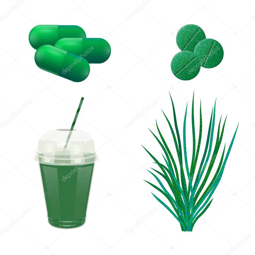 Seaweed green, pills and drink on a white background. Medicinal food additive spirulina. Cartoon style. Medication. Vector illustration