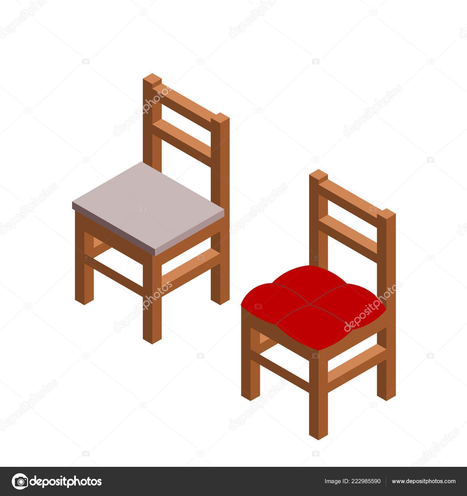 Two Chairs Isometric Style White Background Color Drawing Wooden