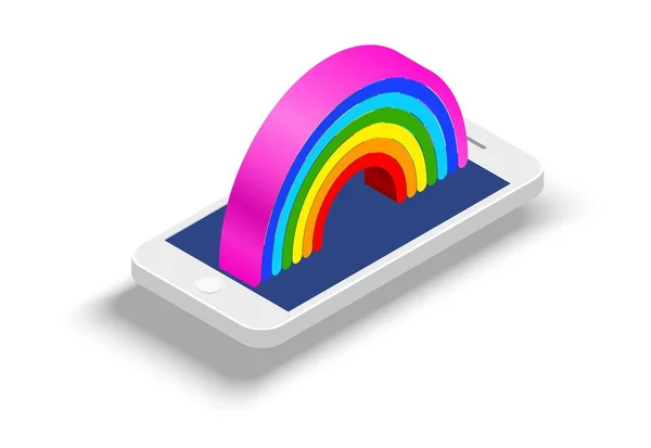 白色智能手机在等距风格与彩虹在显示器上的白色背景 向量例证 — 图库矢量图片