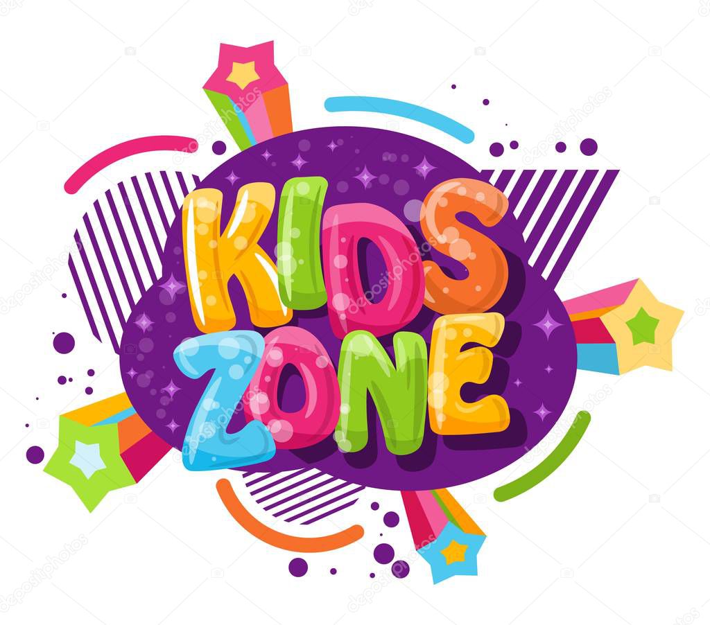 Kids zone cartoon inscription on a white background. Vector illustration. Playground and game banner for children with colored letters