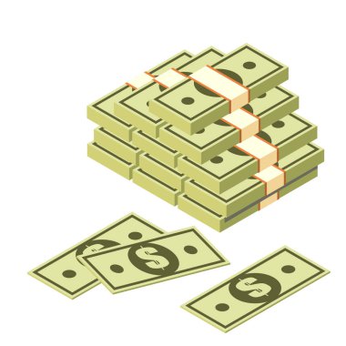Beyaz bir arka plan üzerinde izometrik tarzı dolar paket. Para işaretler. Servet ve zenginlik sembolü. Vektör çizim