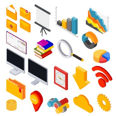 İzometrik tarzı tasarım öğeleri kümesi. Rozetleri ve beyaz arka plan üzerinde iş için simgeler vektör çizim.