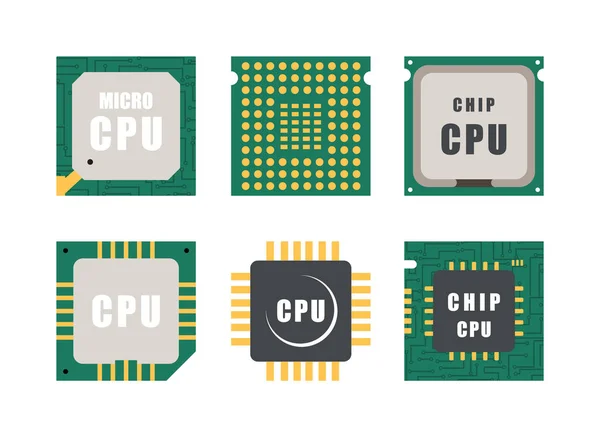 Conjunto Ícones Processador Micro Chips Fundo Branco Estilo Plano Ilustração — Vetor de Stock