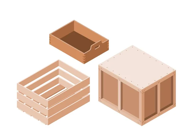 Set Houten Kisten Isometrische Stijl Een Witte Achtergrond Bezwaar Verpakking — Stockvector