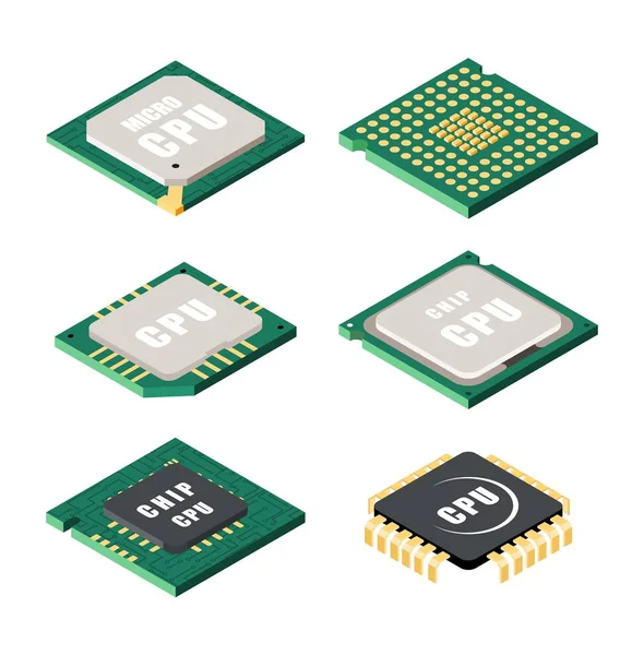 Conjunto Ícones Processador Micro Chips Fundo Branco Estilo Isométrico Ilustração — Vetor de Stock
