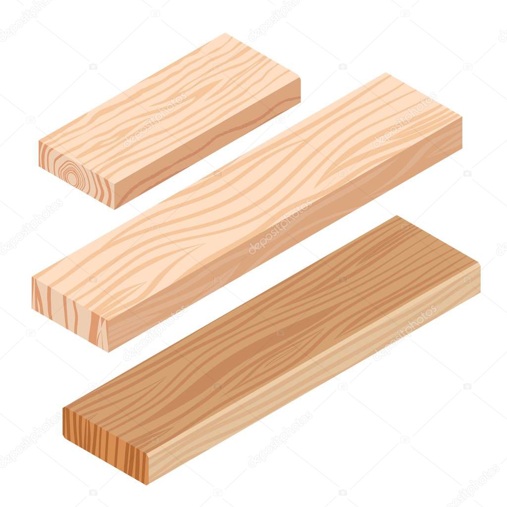 Realistic isometric rasped wooden timber plank for building construction or floring. Wooden board on a white background. Vector illustration