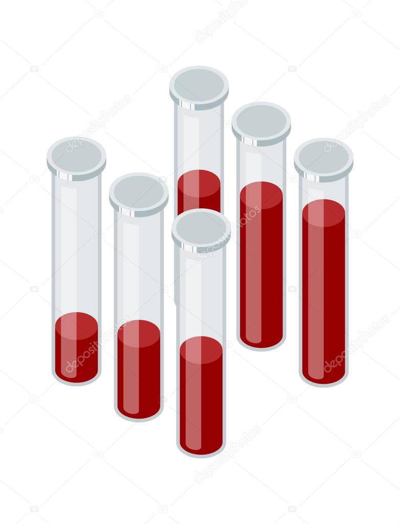 Set of test tubes with blood on a white background in isometric style. Vector illustration