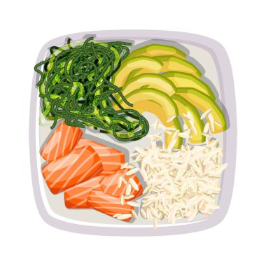 Somon, avokado, pirinç ve deniz kale beyaz bir arka plan üzerinde beyaz kare poke kase. Eğilim Hawaiian gıda. Sağlıklı gıda vektör çizim.