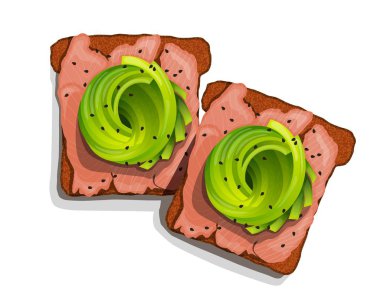 Güzel kaplama avokado tost. Avokado, somon ve siyah susam ile sandviç. Vektör çizim sağlıklı gıda.
