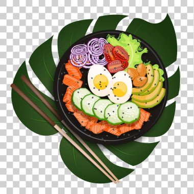 Beyaz yuvarlak somon, avokado, salatalık, yumurta, soğan halkaları ve beyaz bir arka plan üzerinde yemek çubukları ile bir tropikal yaprak üzerinde domates ile poke kase. Eğilim Hawaiian gıda. Sağlıklı gıda vektör çizim.