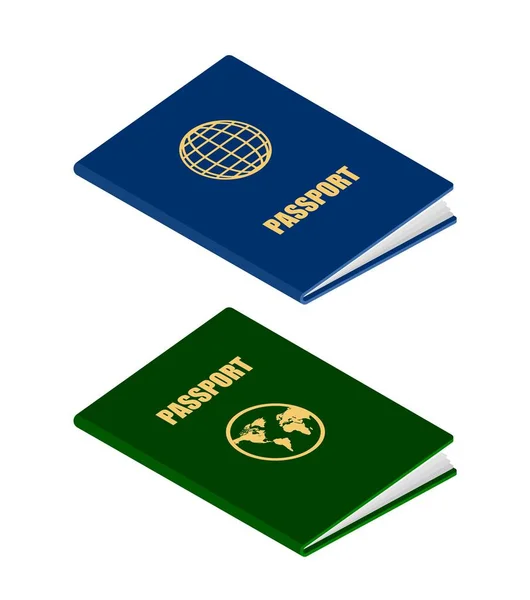 白い背景のアイソメ図スタイルの つのパスポート ベクトル旅行 移住と居留許可のための公式の カードのイラスト アイデンティティ文書記号 — ストックベクタ