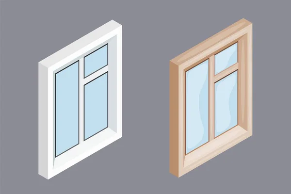 Deux Fenêtres Style Isométrique Sur Fond Gris Nouvelle Fenêtre Plastique — Image vectorielle