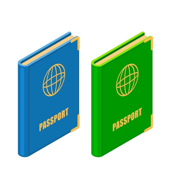 白い背景のアイソメ図スタイルの つのパスポート ベクトル旅行 移住と居留許可のための公式の カードのイラスト アイデンティティ文書記号 — ストックベクタ