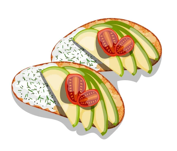 精美的鳄梨吐司 三明治配鳄梨蛋黄酱 西红柿 素食和健康食品的向量例证 — 图库矢量图片