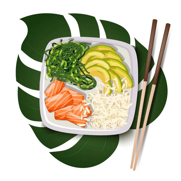 White Square Poke Bowl Salmon Avocado Rice Sea Kale Tropical — Stock Vector