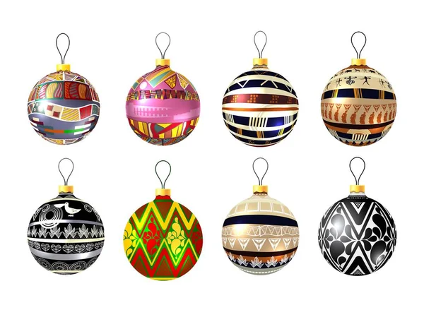 Set Unusual Christmas Balls White Background Christmas Decorations Tree Tribal — Stock Vector