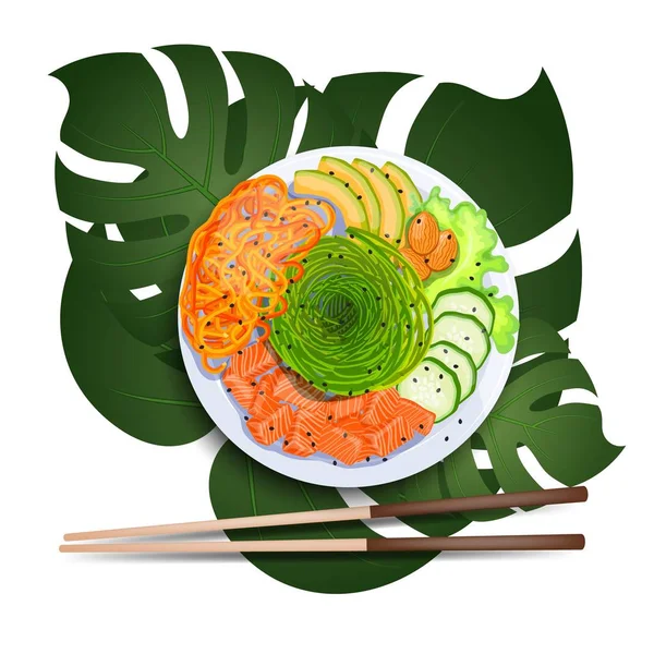White Poke Bowl Salmon Avocado Cucumber Carrot Seaweed Tropical Leaf — Stock Vector