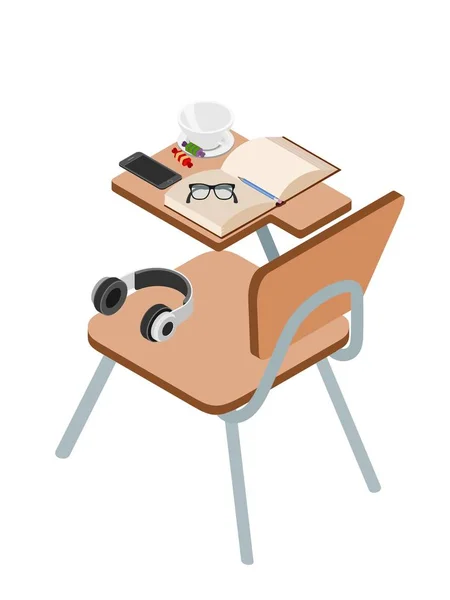 Desk Objects White Background Isometric Style Wooden Student Desk Scientists — Stock Vector