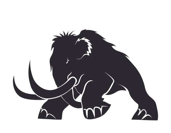 Black silhouettes of mammoths on a white background. Prehistoric animals of the ice age in various poses. Elements of nature and evolutionary development. Vector illustration
