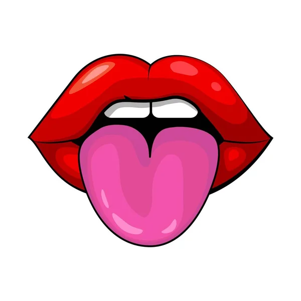 赤い女性の唇と舌に白い背景 感情のいたずらとジョーク 舌をだらりの図面のグラフィック ベクトル図 — ストックベクタ