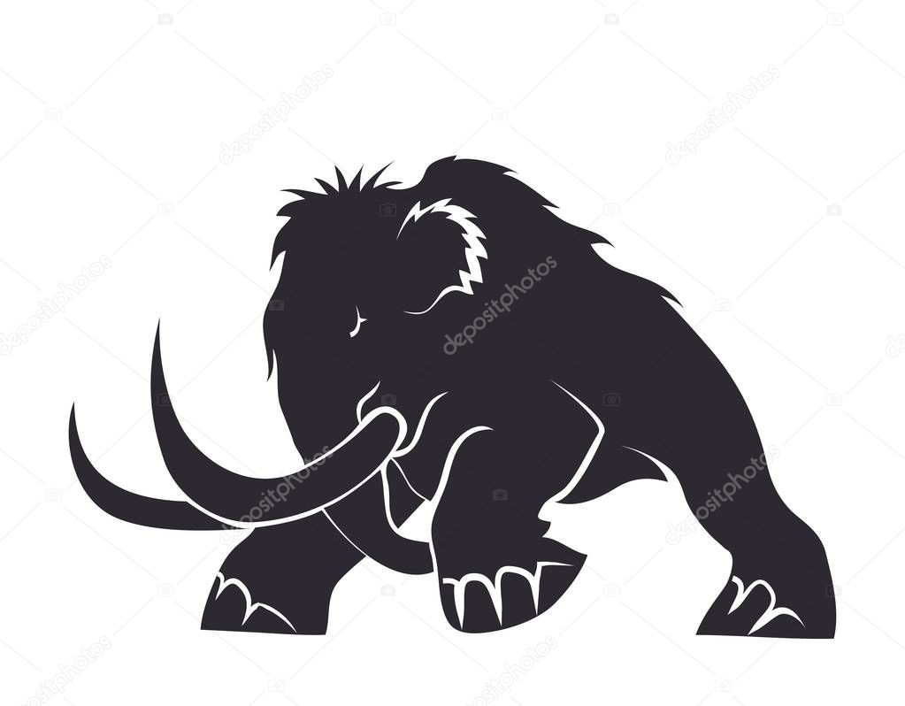 Black silhouettes of mammoths on a white background. Prehistoric animals of the ice age in various poses. Elements of nature and evolutionary development. Vector illustration
