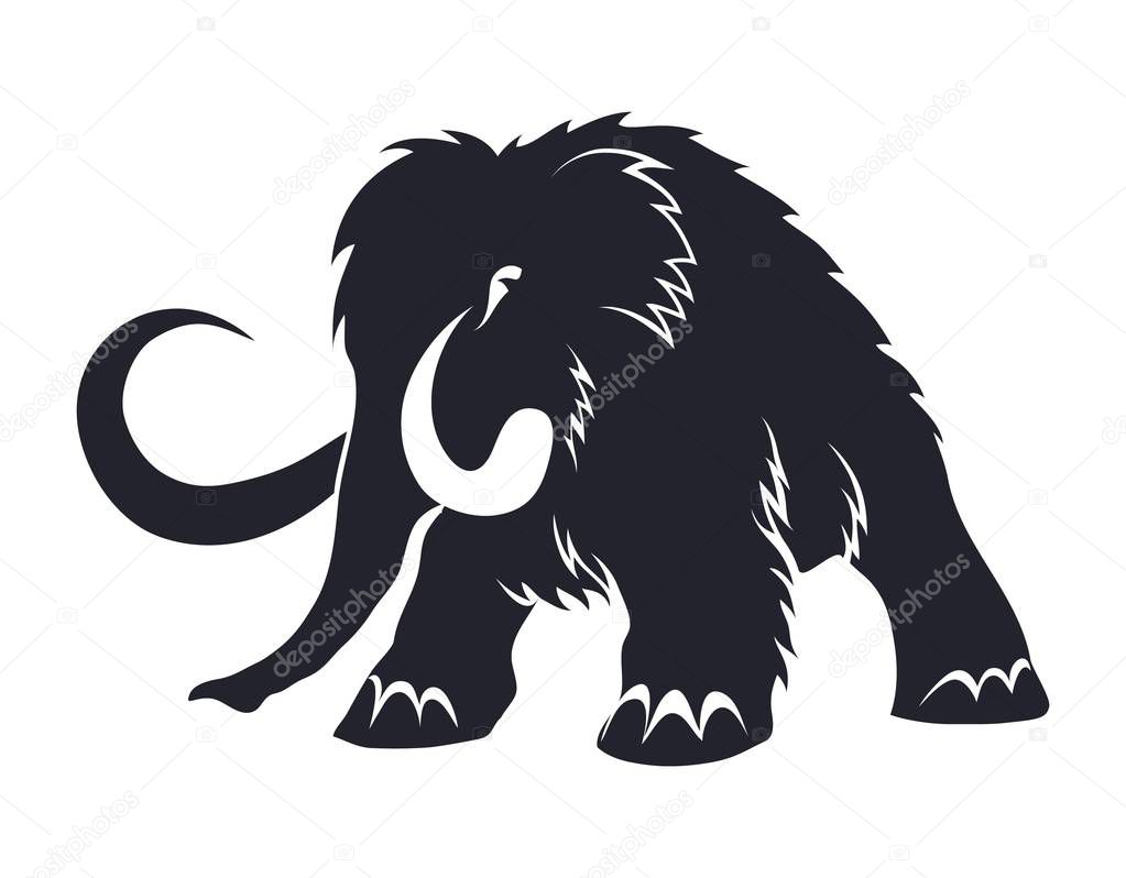 Black silhouettes of mammoths on a white background. Prehistoric animals of the ice age in various poses. Elements of nature and evolutionary development. Vector illustratio