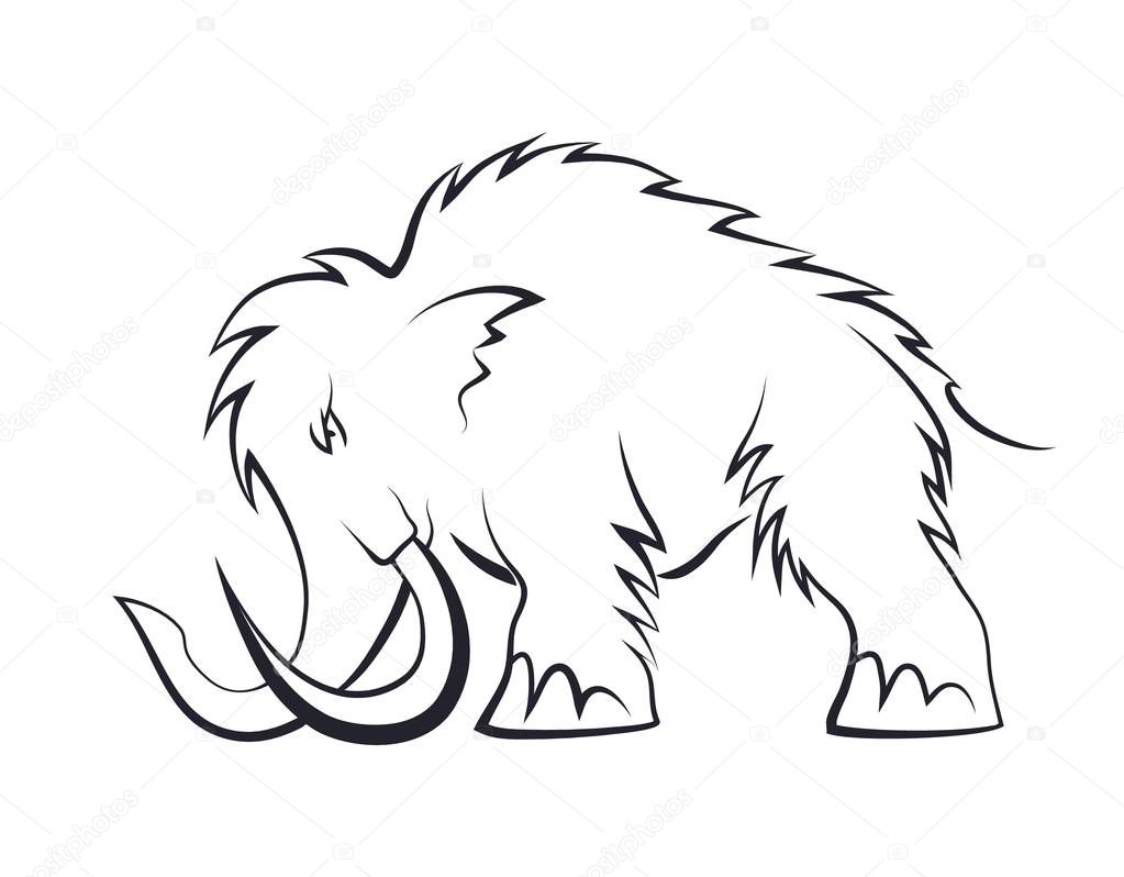 Black silhouettes of mammoths on a white background. Prehistoric animals of the ice age in various poses. Elements of nature and evolutionary development. Vector illustratio