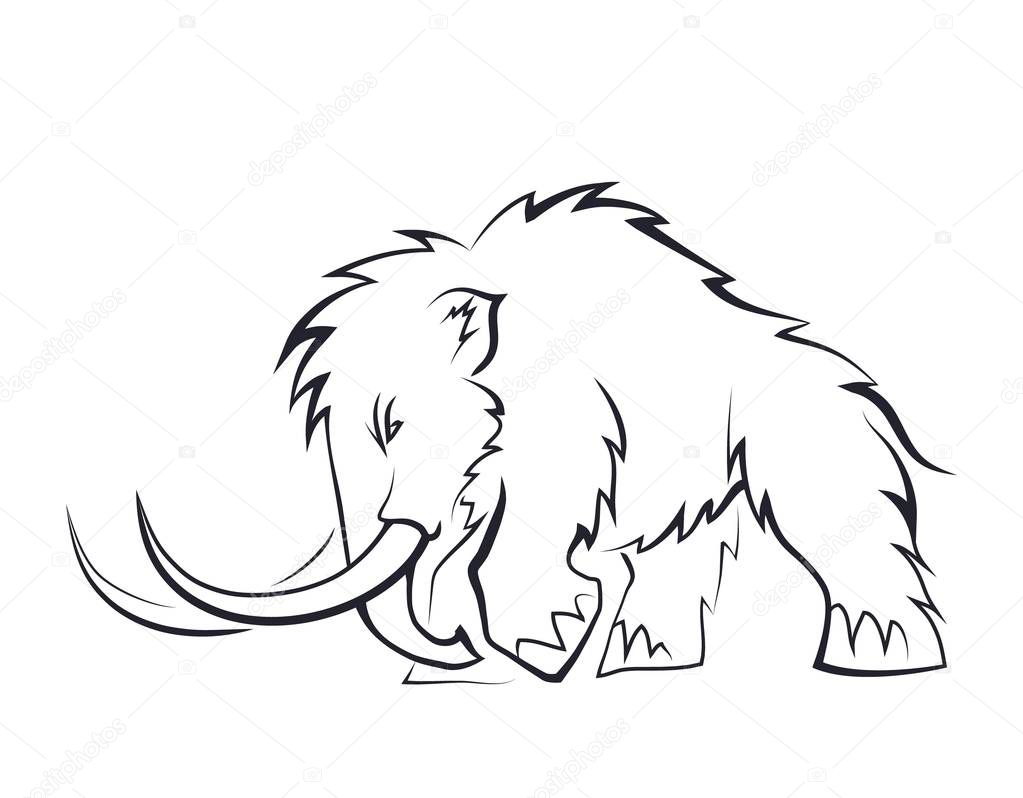 Black silhouettes of mammoths on a white background. Prehistoric animals of the ice age in various poses. Elements of nature and evolutionary development. Vector illustratio