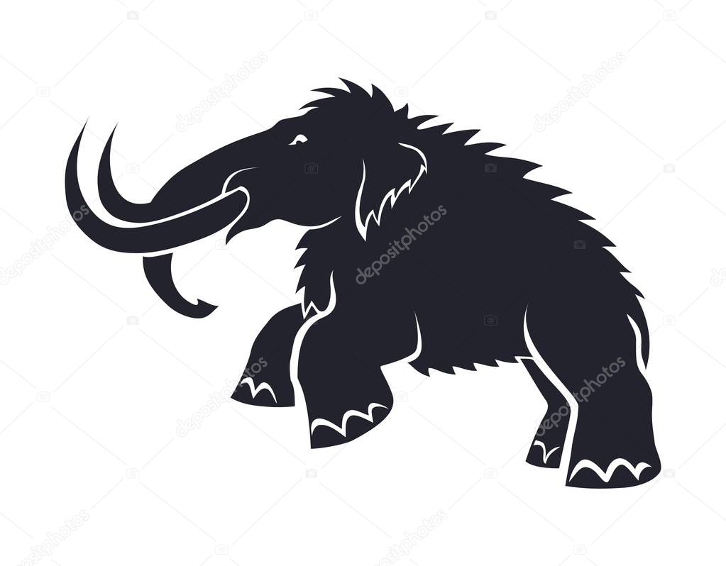 Black silhouettes of mammoths on a white background. Prehistoric animals of the ice age in various poses. Elements of nature and evolutionary development. Vector illustratio