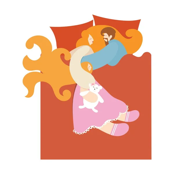 快乐的睡觉的家庭在床上 妈妈和女儿带着泰迪熊 有孩子的完美已婚夫妇 动画片样式卧室的向量例证 — 图库矢量图片