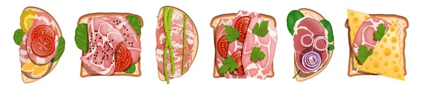 Set Toast Salami Wurst Schinken Traditionelle Lebensmittel Snack Frühstück Isoliert — Stockvektor