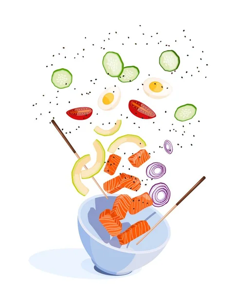 製品に飛んで突くボール ラウンド ホワイト サーモン アボカド オニオン リング 白い背景の上のトマト トレンドのハワイ料理 健康食品のベクトル — ストックベクタ