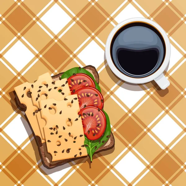 Cibo Colazione Panini Con Una Tazza Caffè Una Tovaglia Scacchi — Vettoriale Stock