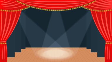 Tiyatro perdesi Tiyatro sahne arkası ve perde oditoryum Kırmızı kumaştan altın saçak Vektör illüstrasyon zemin, siyah kanatlar ve projektör kirişler ile modern bir tiyatro illüstrasyon.