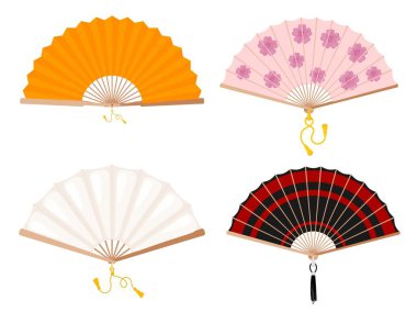 Set of fans on a white background. Yellow, white, with a floral pattern and red stripes fan. Japanese and Chinese fan with tassels. Vector illustration