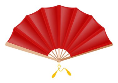 Beyaz bir arka plan üzerinde kırmızı fan. Çin altın püsküller ile kırmızı ipek fan. Ortaçağ aristokratlar, günlük yaşamın konu. Vektör çizim