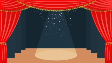 Bir kırmızı perde, altın saçak ve spot ve ahşap zemin ile tiyatro sahne. Tiyatro sanat. Hisse senedi vektör çizim